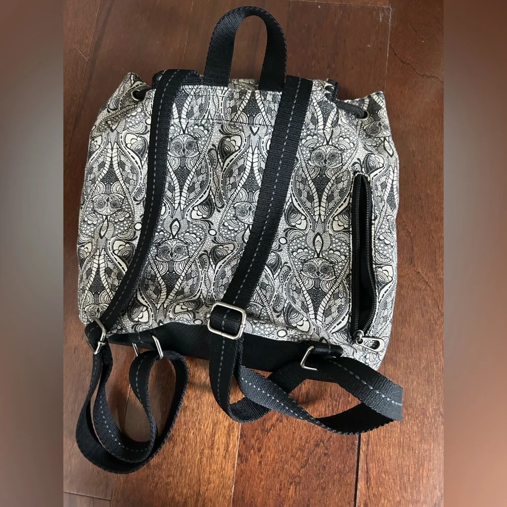 Sakroots Black and White Owl Print Boho Bohemian Whimsical Drawstring Backpack